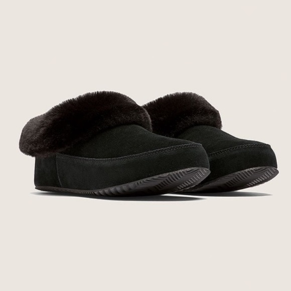 Sorel Women’s Go Coffee Run Slippers Black Suede Leather Fur Slip On Shoes Nwt - Picture 1 of 16